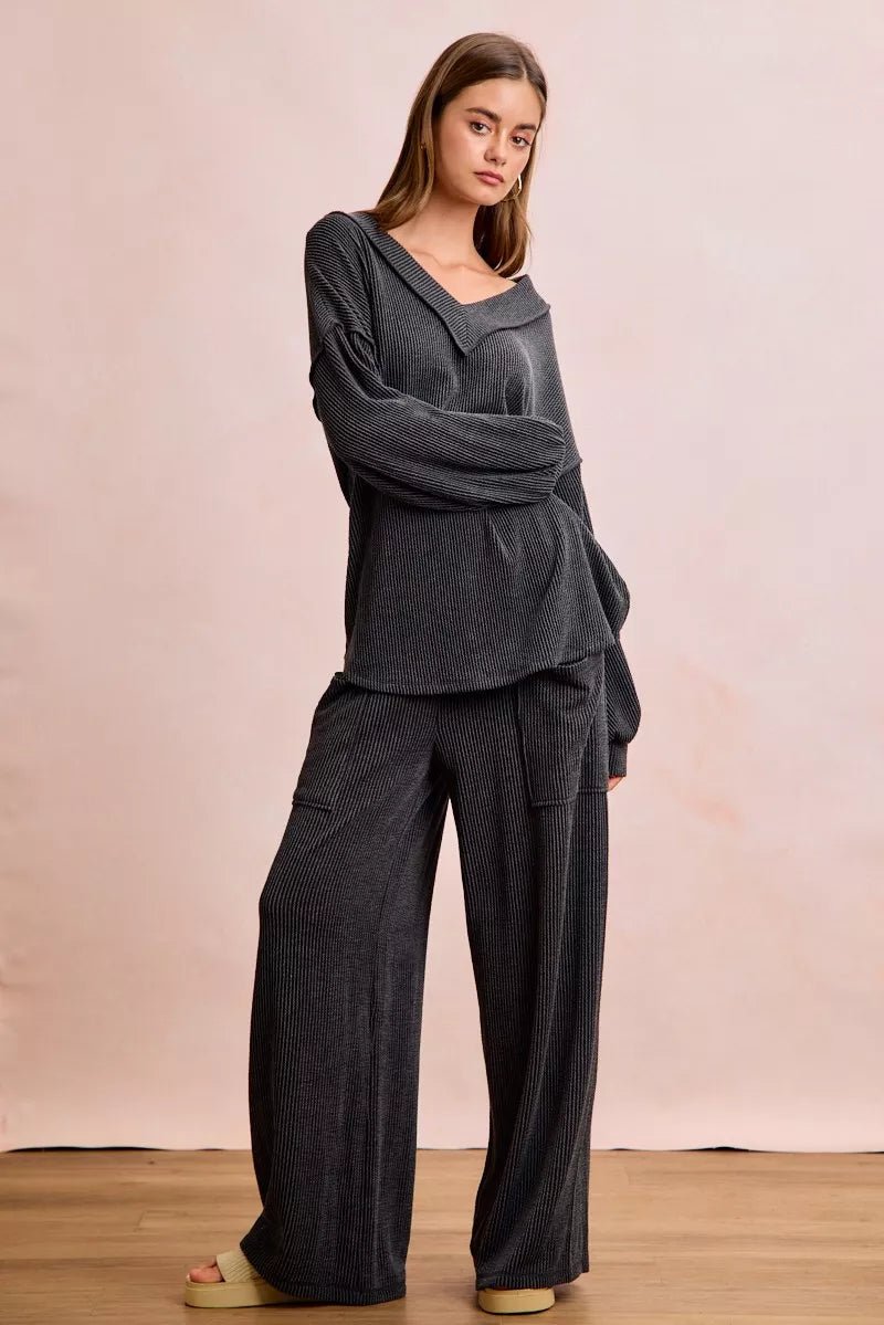 BiBi Two Tone Cord Rib Contrast Stitching V - Neck Top and Pants Set - Wow Store