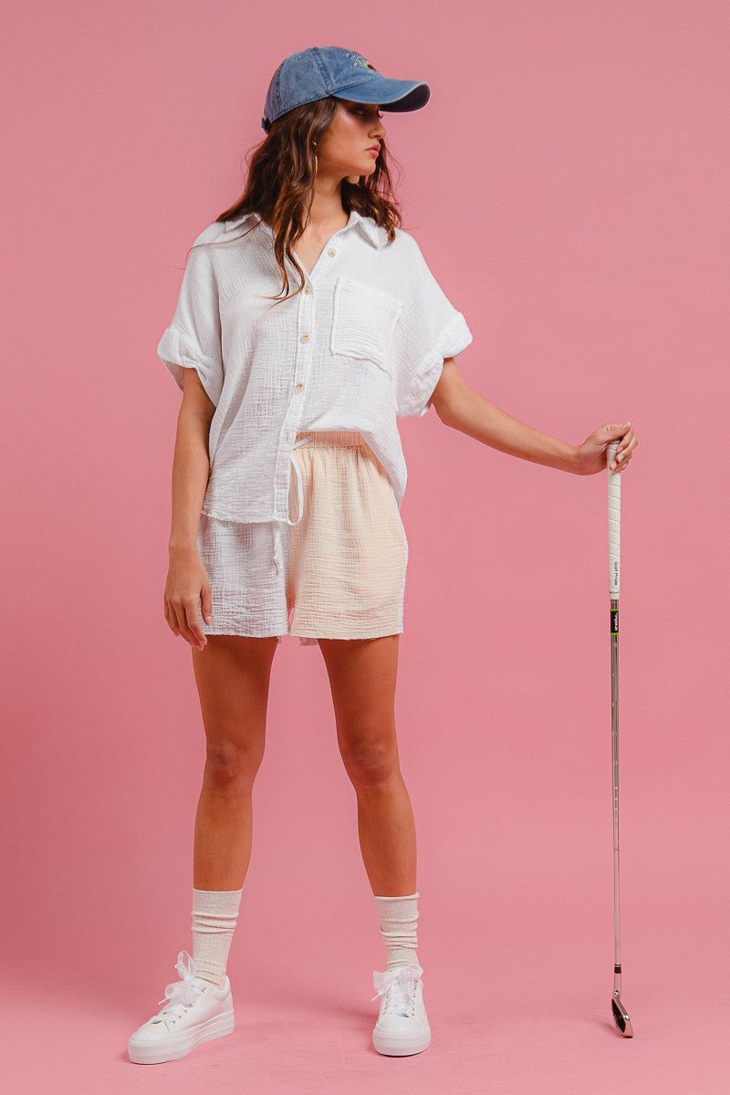 BiBi Wrinkled Gauze Solid Shirts Top and Shorts Set - Wow Store