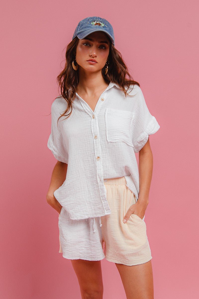 BiBi Wrinkled Gauze Solid Shirts Top and Shorts Set in beige – lightweight summer outfit with two-tone design