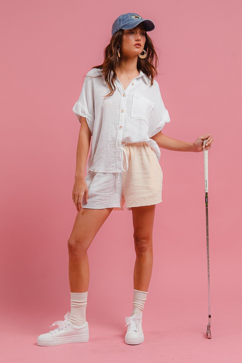 BiBi Wrinkled Gauze Solid Shirts Top and Shorts Set - Wow Store