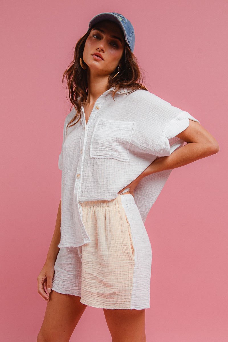 BiBi Wrinkled Gauze Solid Shirts Top and Shorts Set - Wow Store