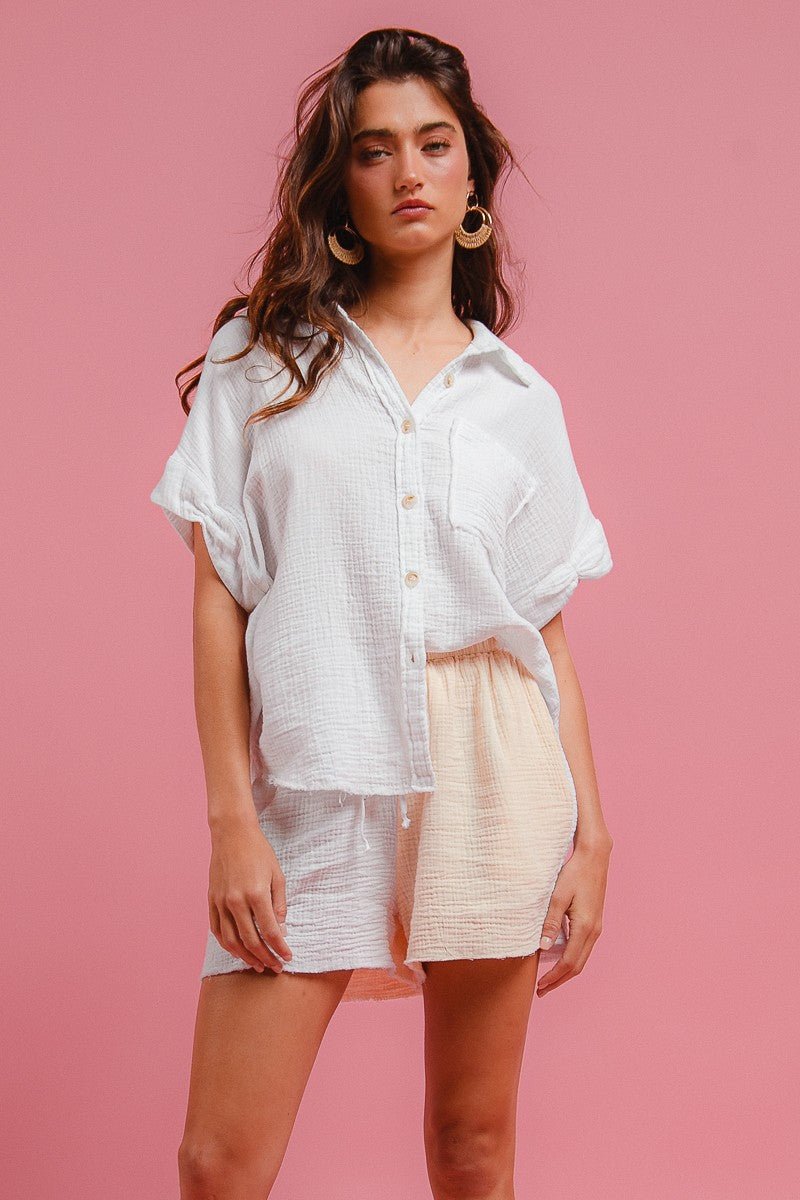 BiBi Wrinkled Gauze Solid Shirts Top and Shorts Set - Wow Store