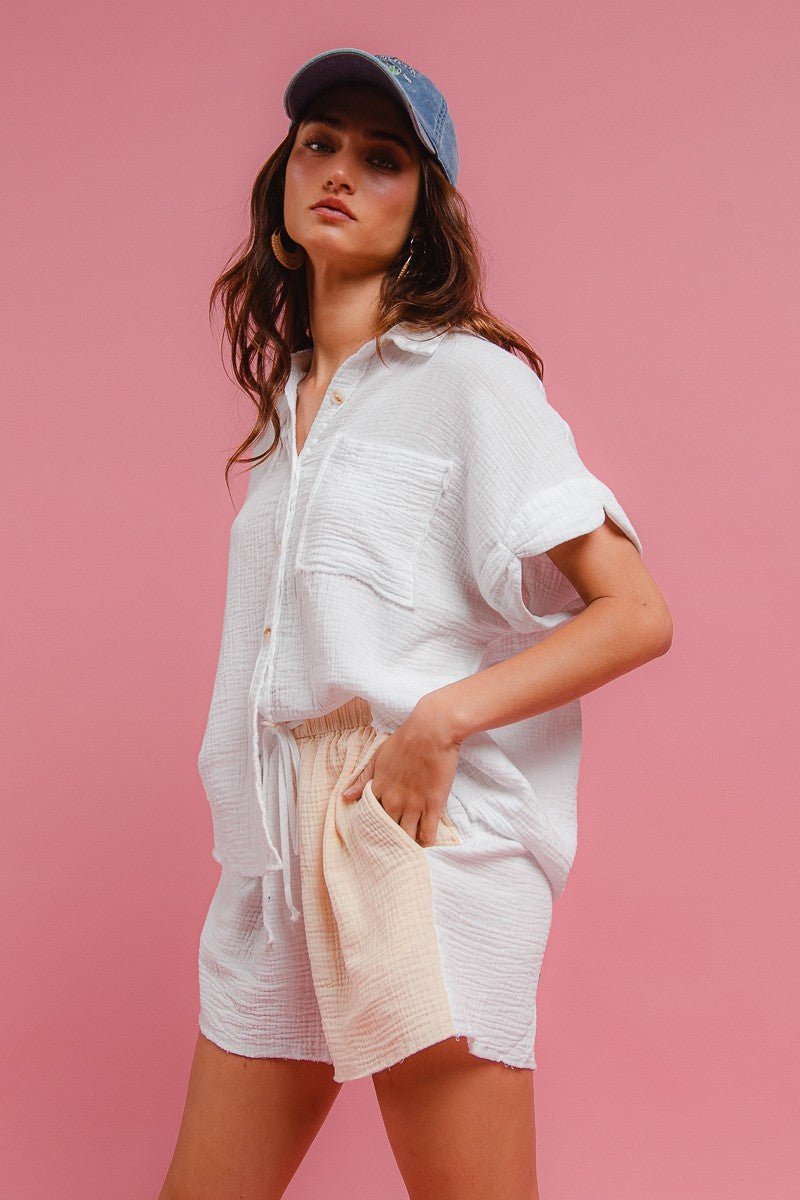 BiBi Wrinkled Gauze Solid Shirts Top and Shorts Set - Wow Store