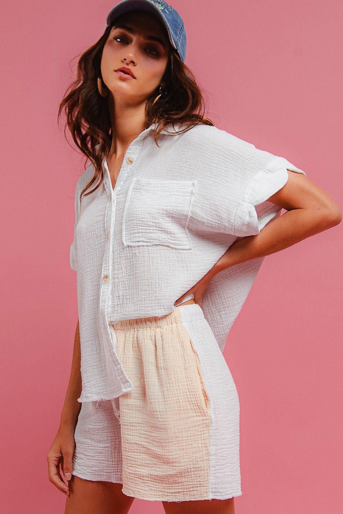 BiBi Wrinkled Gauze Solid Shirts Top and Shorts Set - Wow Store