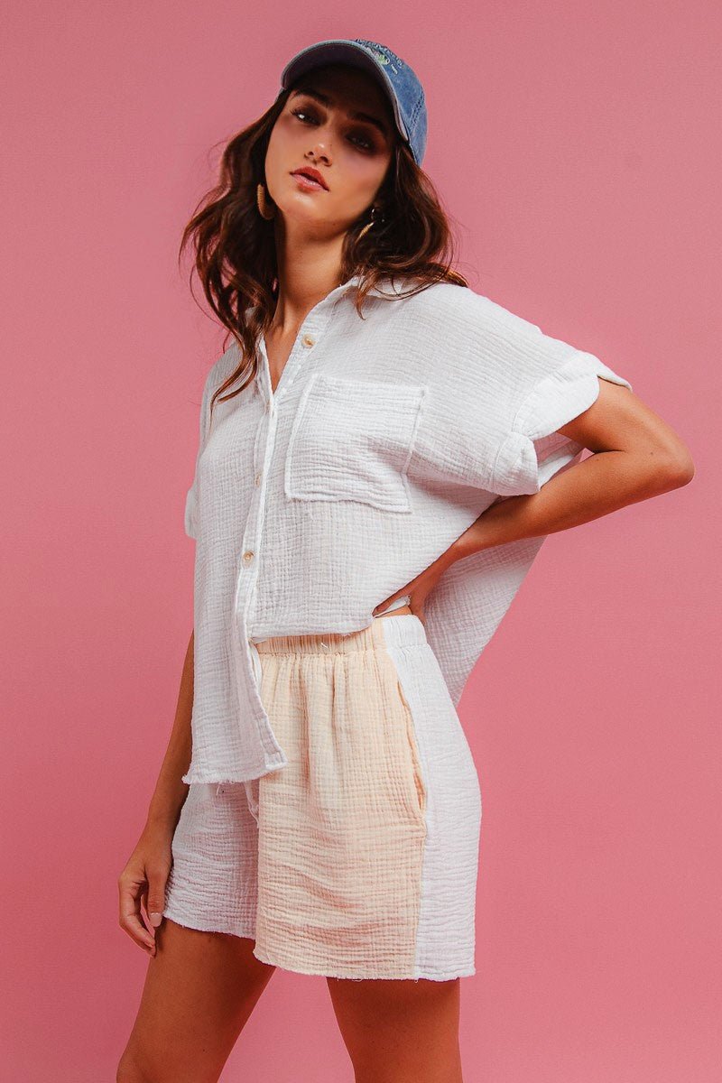 BiBi Wrinkled Gauze Solid Shirts Top and Shorts Set - Wow Store