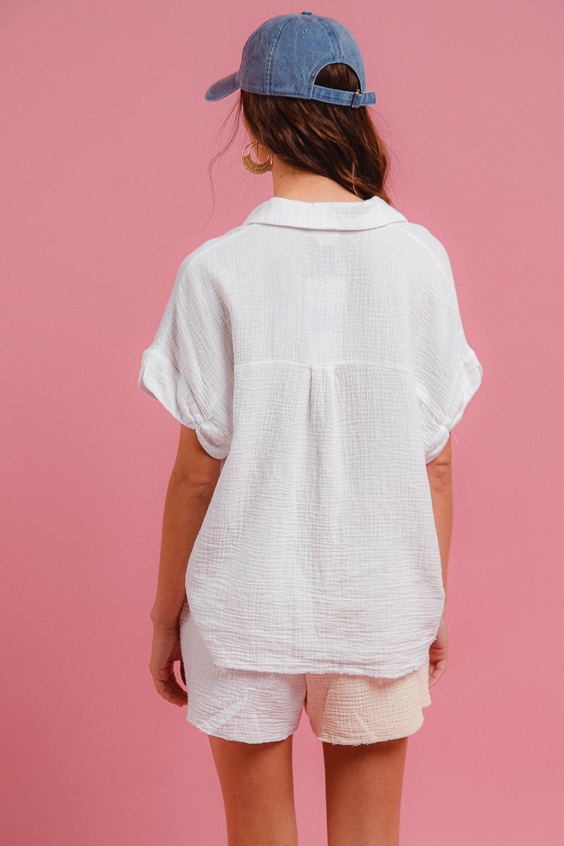 BiBi Wrinkled Gauze Solid Shirts Top and Shorts Set - Wow Store
