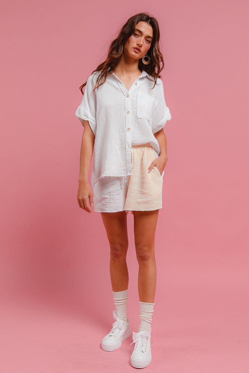 BiBi Wrinkled Gauze Solid Shirts Top and Shorts Set - Wow Store