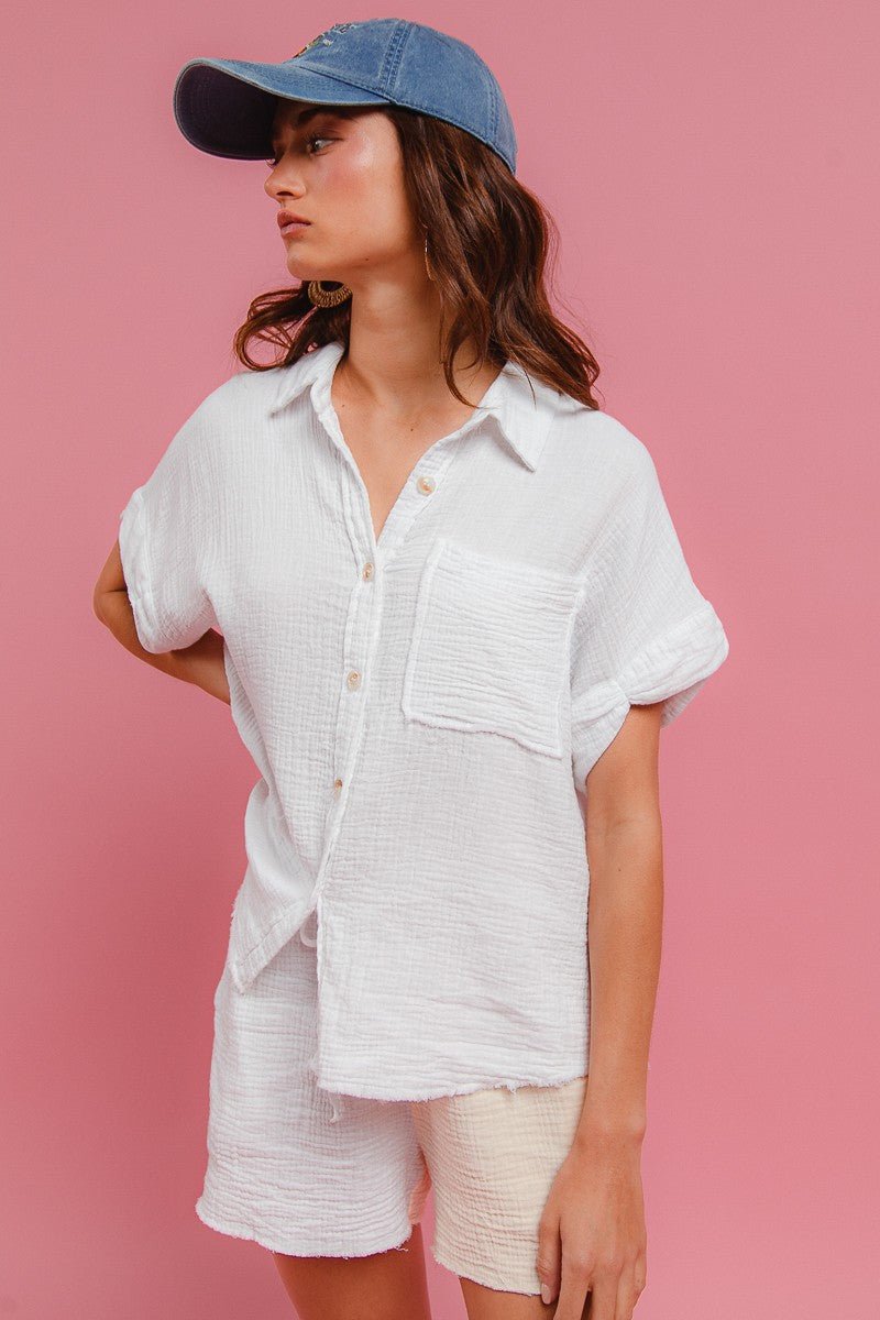 BiBi Wrinkled Gauze Solid Shirts Top and Shorts Set - Wow Store
