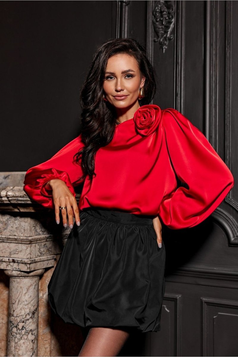 Elegant women's cotton blouse in red satin fabric with rose detail - office wear top