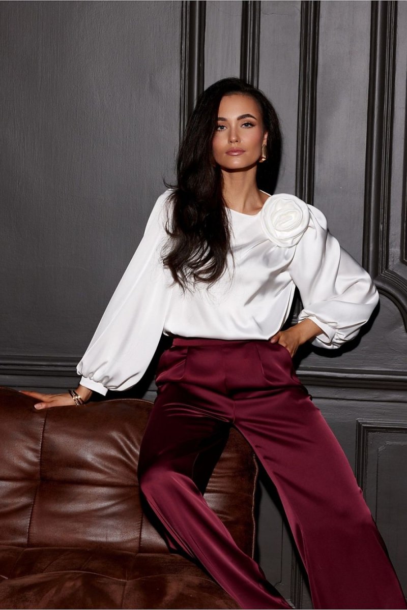 Beige satin blouse with rose detail at round neckline and long sleeves, elegant evening wear