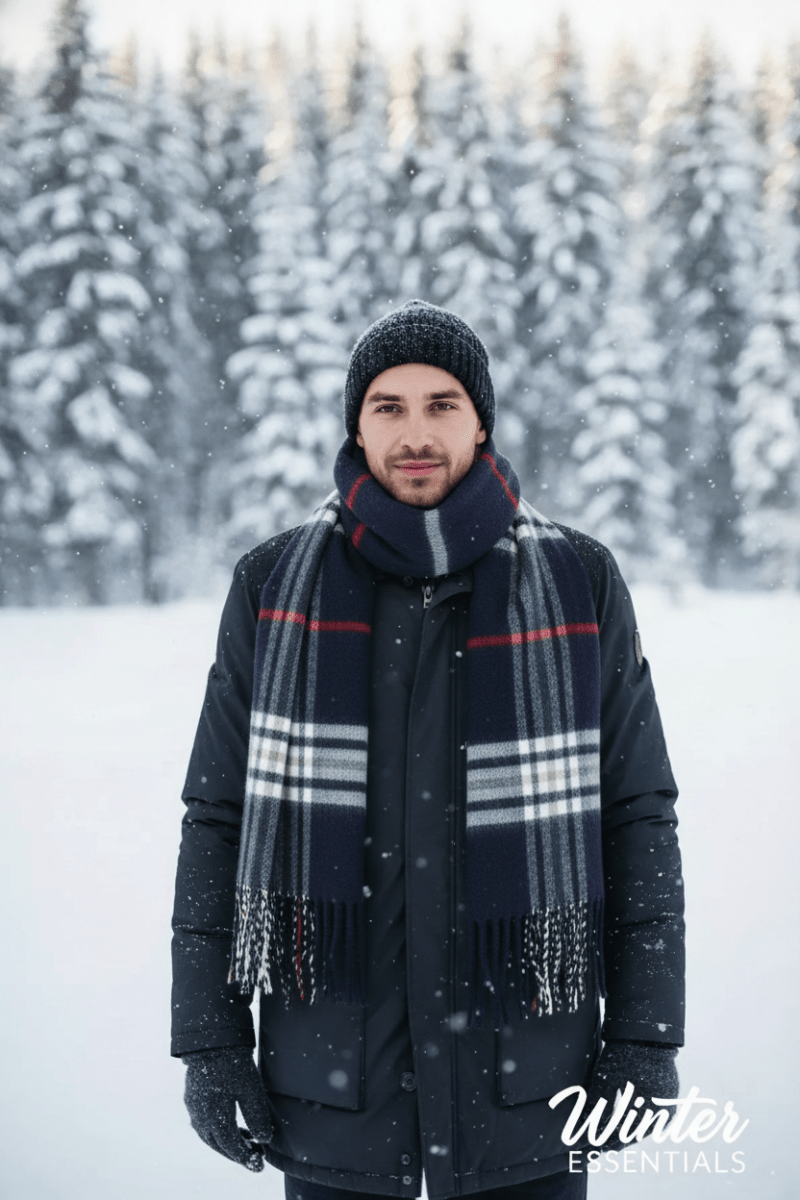 Blue Plaid Scarf Ultra Plush Pashmina Wool Blend 6ft Long Unisex Navy - Wow Store