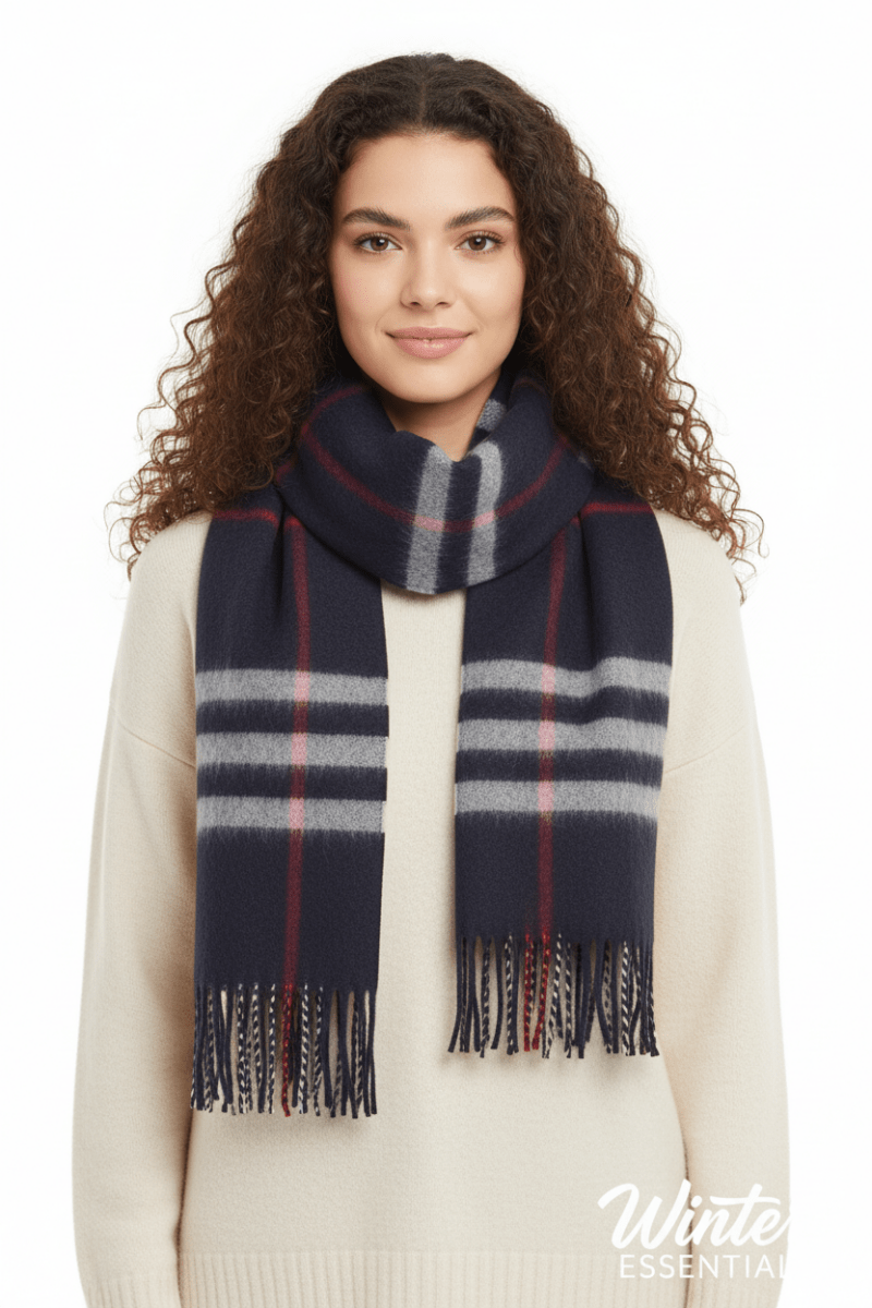 Blue Plaid Scarf Ultra Plush Pashmina Wool Blend 6ft Long Unisex Navy - Wow Store