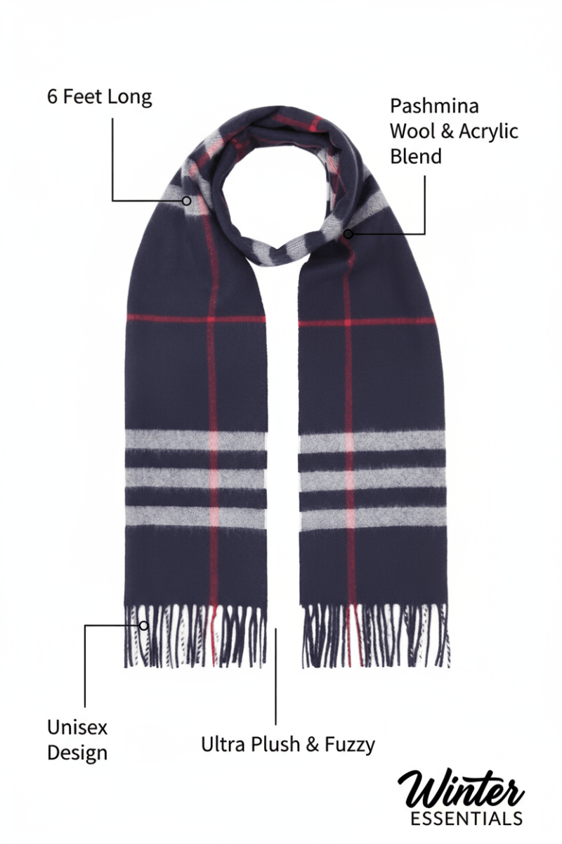 Blue Plaid Scarf Ultra Plush Pashmina Wool Blend 6ft Long Unisex Navy - Wow Store
