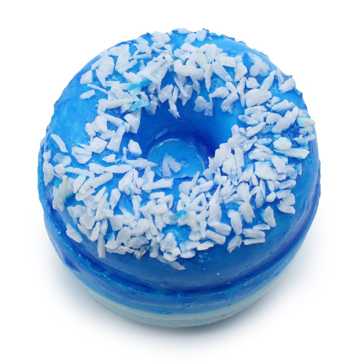 Blueberry Scented Bath Donut Fizzers on a white surface, donut-shaped bath fizzer with soft blue swirls