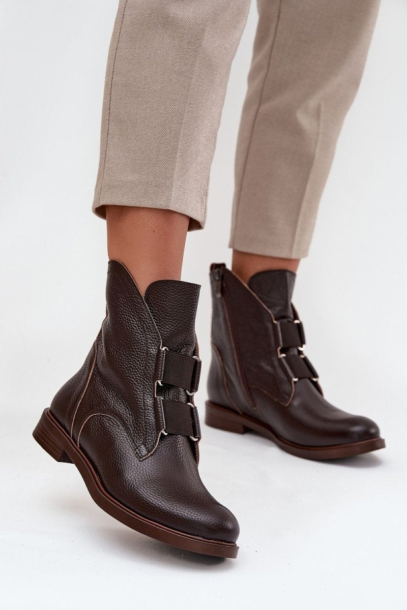 Brown leather ankle boots with low block heel, lace-up design and round toe on neutral background – Stylish Women's Leather A