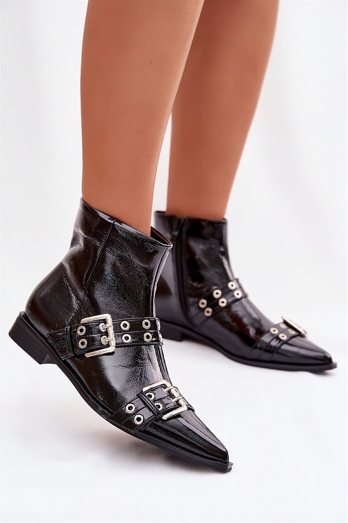 Patent Leather Ankle Boots with Buckle Straps in black