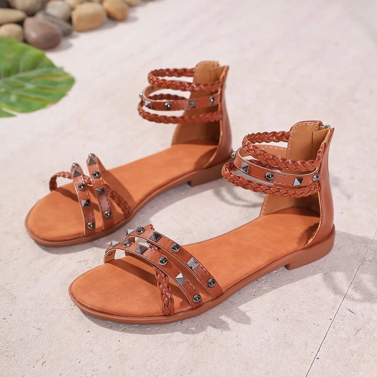Braided Ankle Strap Studded Sandals - Wow Store