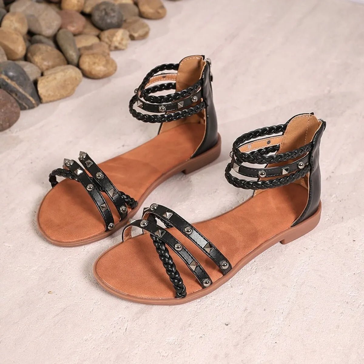 Braided Ankle Strap Studded Sandals - Wow Store