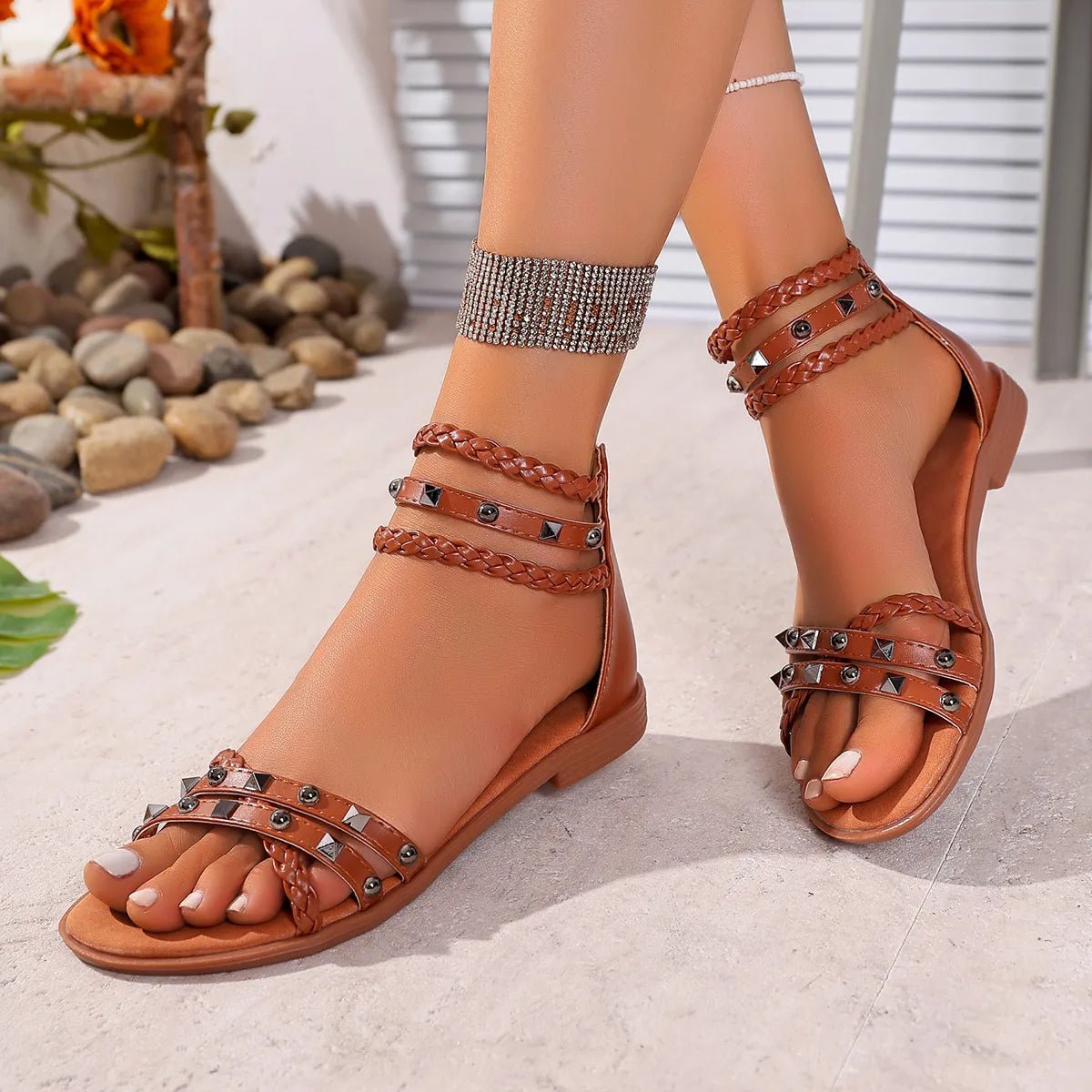 Braided Ankle Strap Studded Sandals - Wow Store