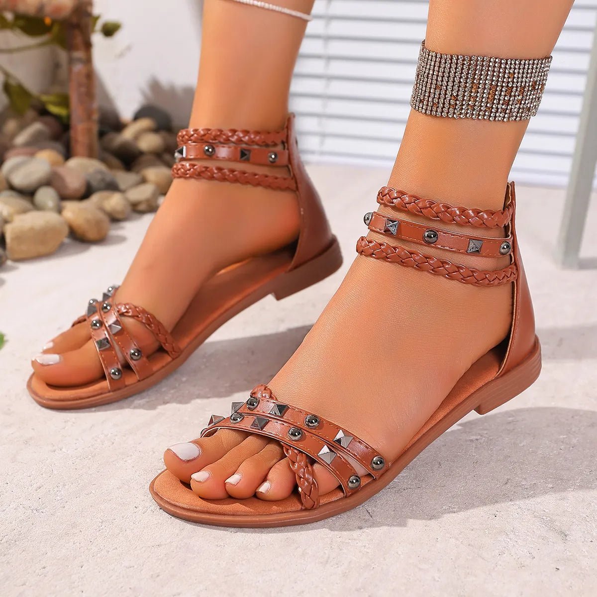 Braided Ankle Strap Studded Sandals - Wow Store