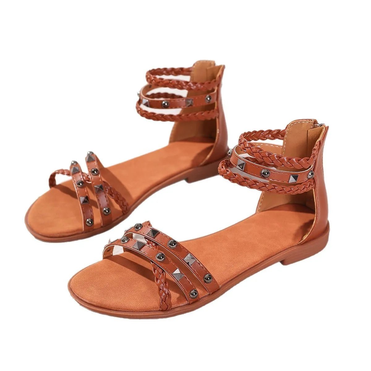 Braided Ankle Strap Studded Sandals - Wow Store