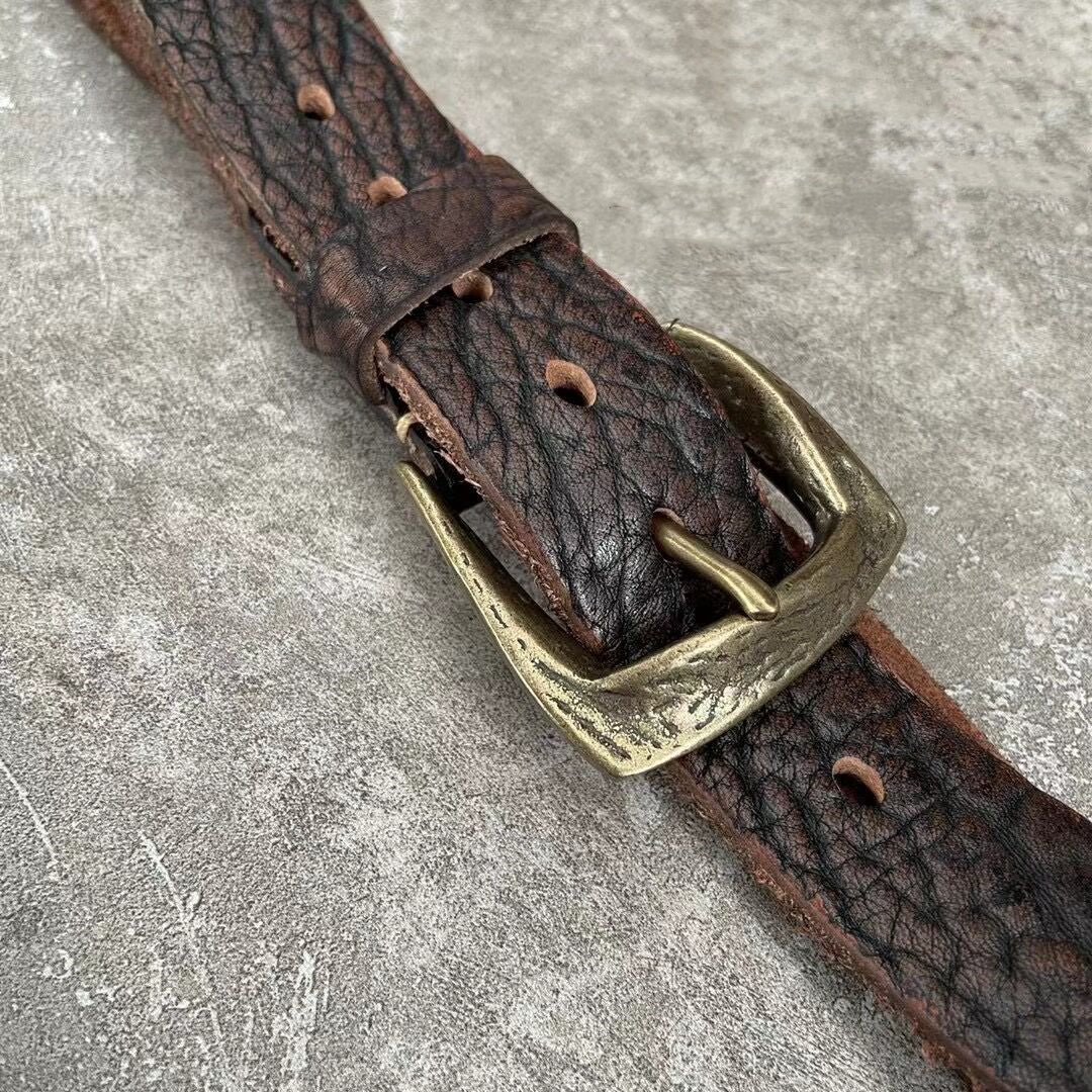Brown Leather Belt, 3.8 cm Wide, with Bronze- or Silver-Tone Buckle — view 2