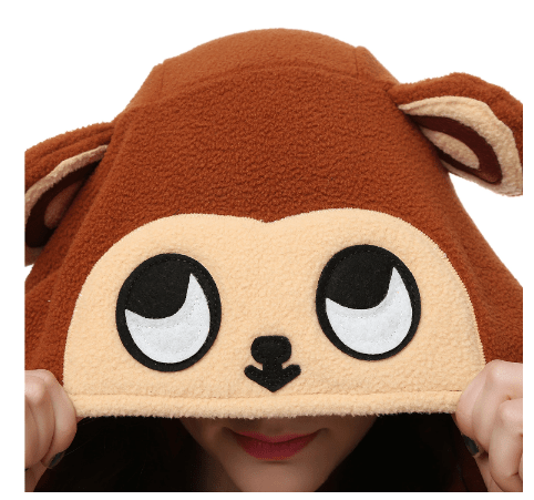 Close-up of the hood with embroidered monkey eyes, a small nose and round ears