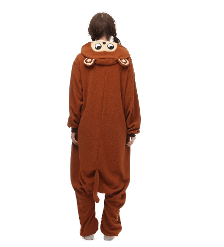 Back view of the monkey onesie with the hood down, showing the monkey face on the hood and the tail