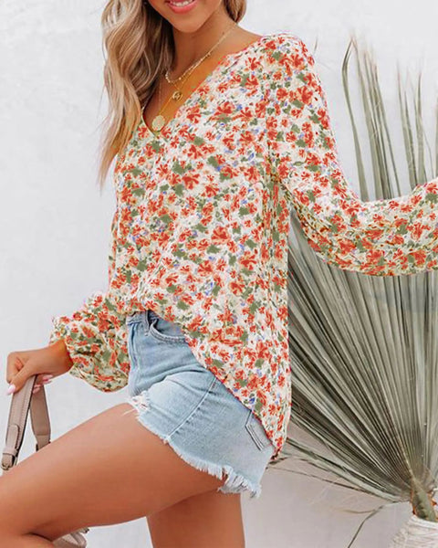 BTFBM Women Casual Boho Blouse Fashion Floral Shirts V Neck Long Puff Sleeve Lightweight Chiffon Summer Fall Tops - Wow Store