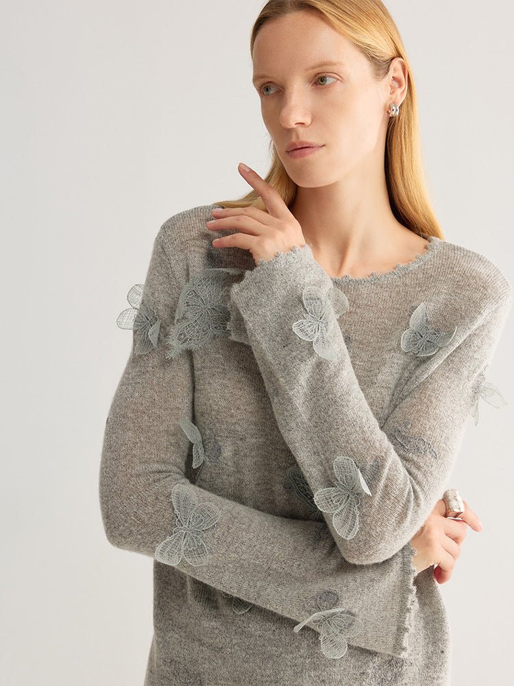 Butterfly Appliqué Crew Neck Knit Top in grey, worn by model, front view, long sleeves with lace butterflies, picot trim at