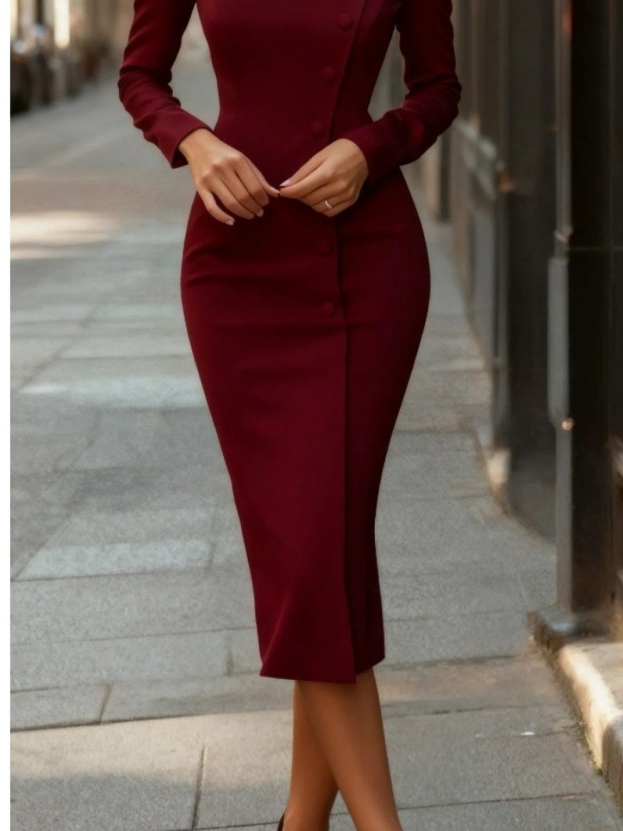 Button Front Long Sleeve Midi Dress - Wow Store