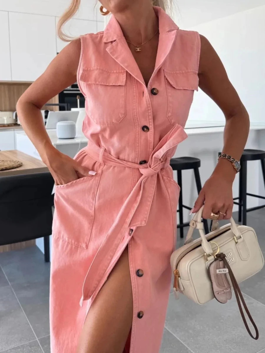 Button Front Sleeveless Denim Dress - Wow Store