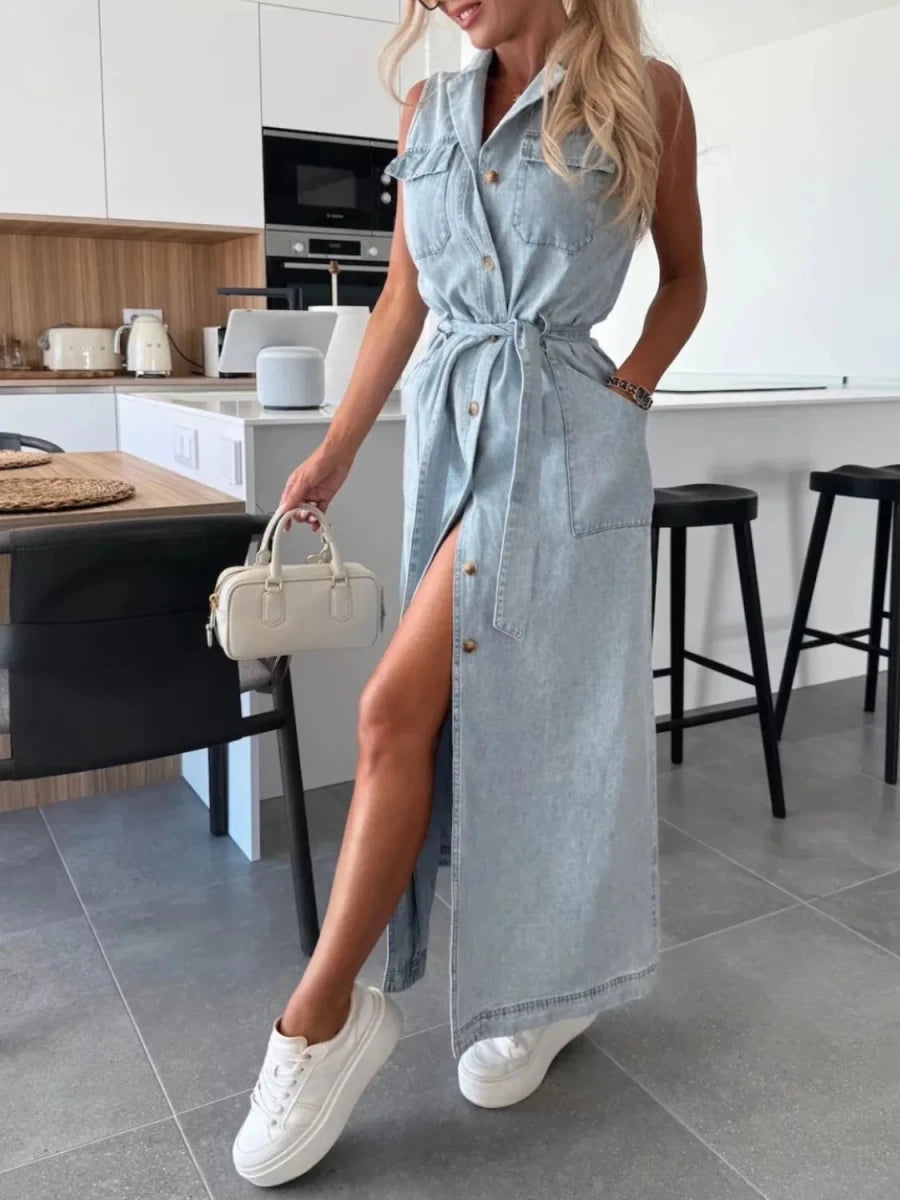 Button Front Sleeveless Denim Dress - Wow Store