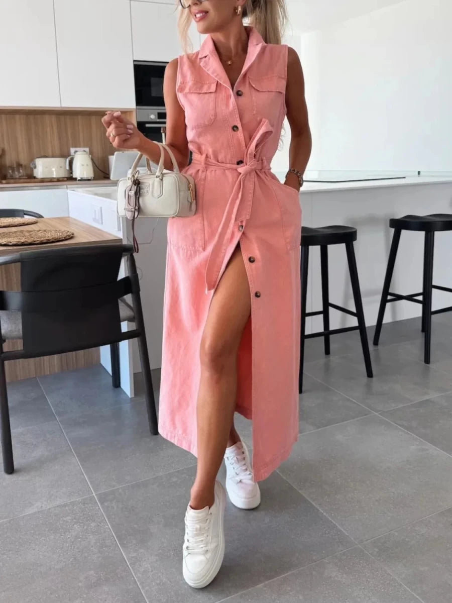 Button Front Sleeveless Denim Dress - Wow Store