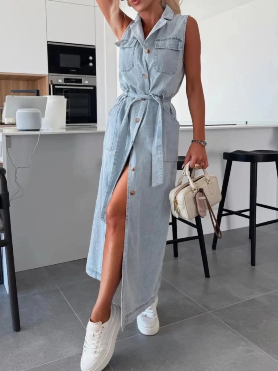 Button Front Sleeveless Denim Dress - Wow Store