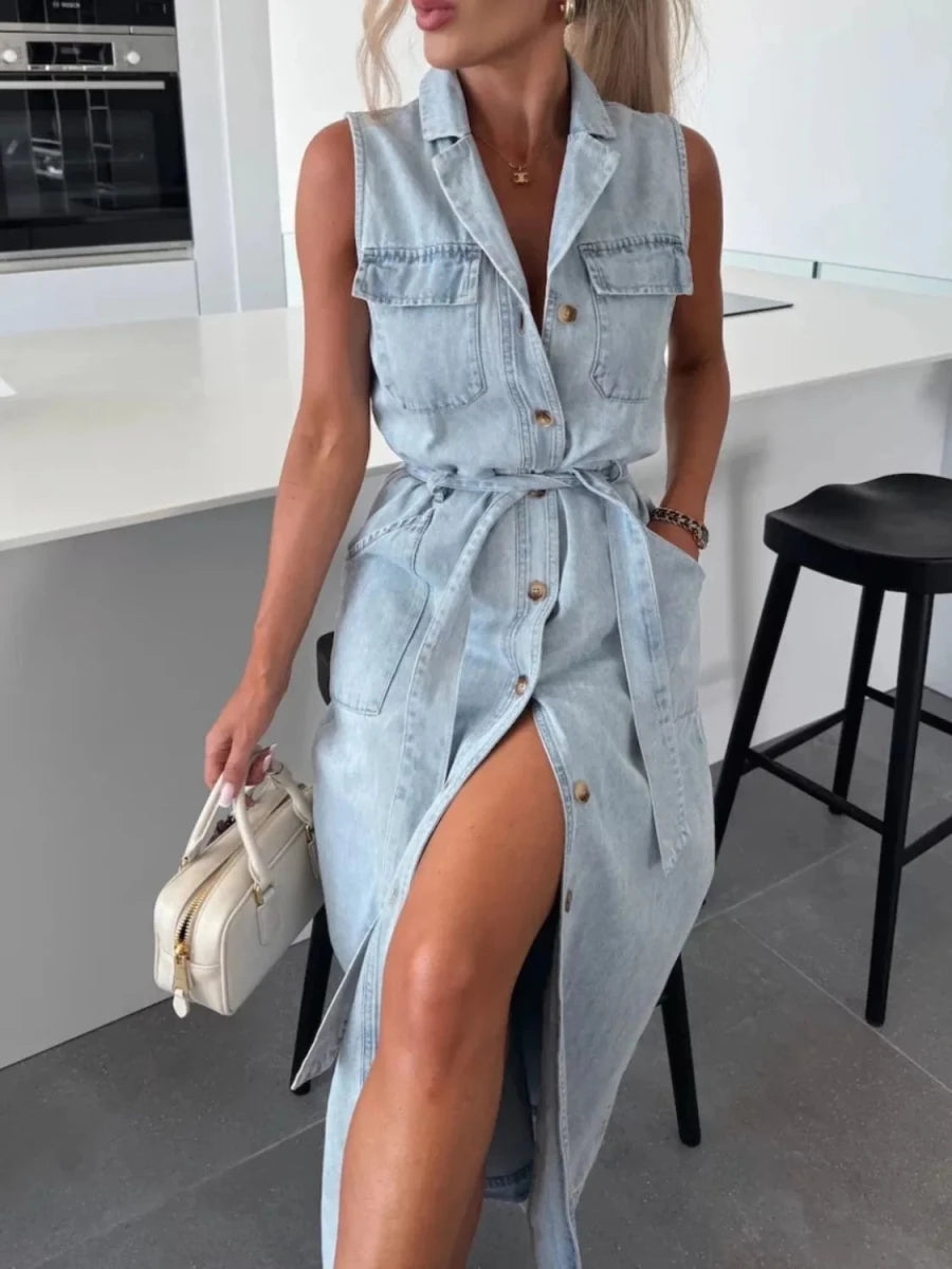 Button Front Sleeveless Denim Dress - Wow Store