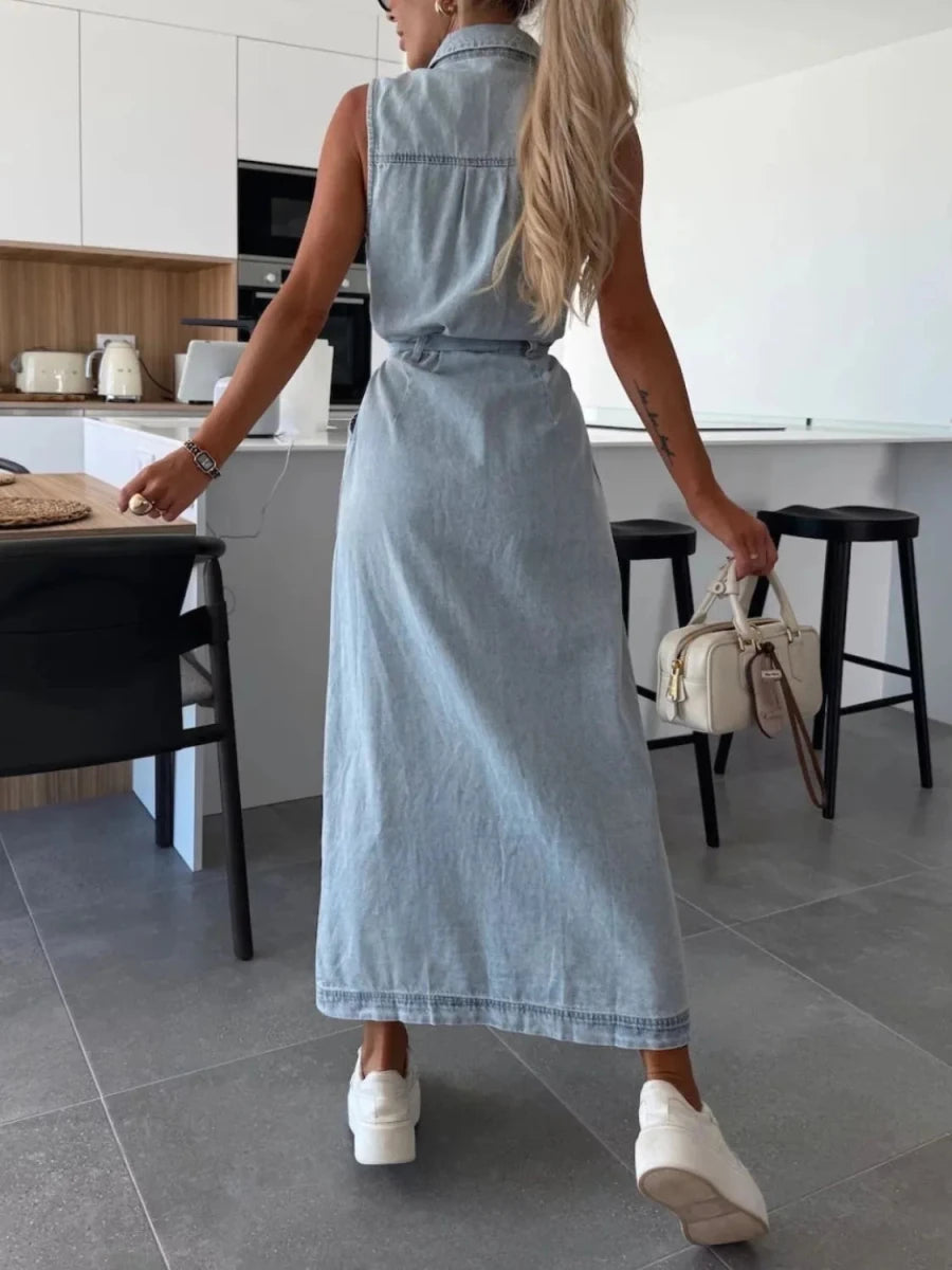 Button Front Sleeveless Denim Dress - Wow Store