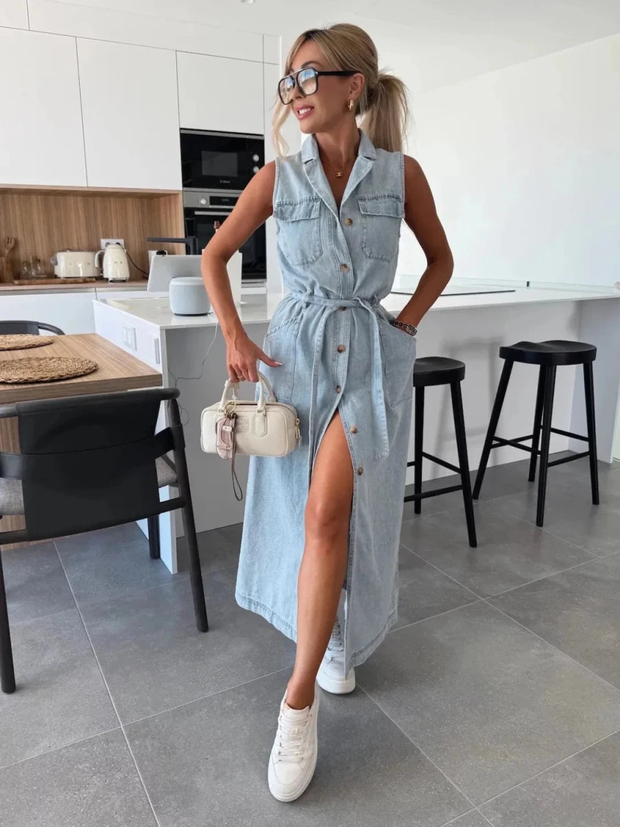 Button Front Sleeveless Denim Dress - Wow Store