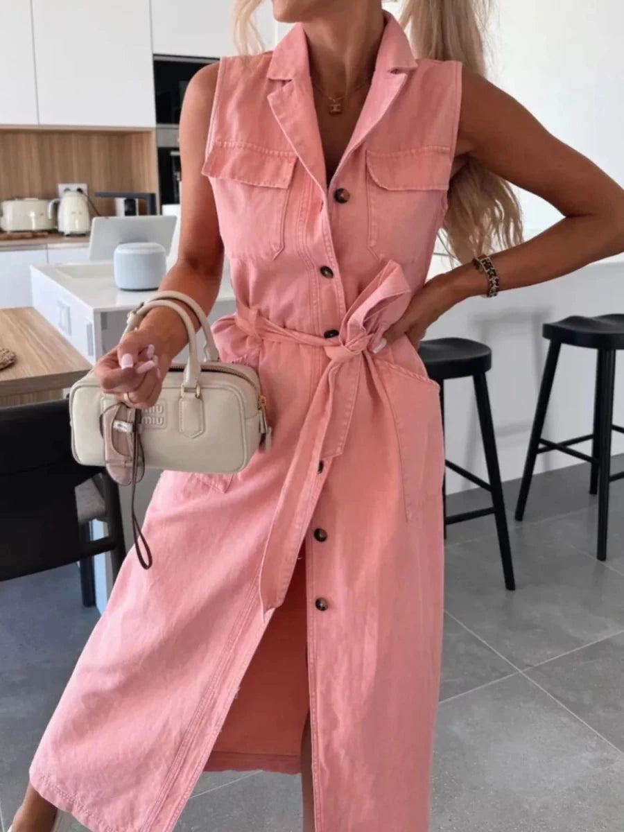 Button Front Sleeveless Denim Dress - Wow Store