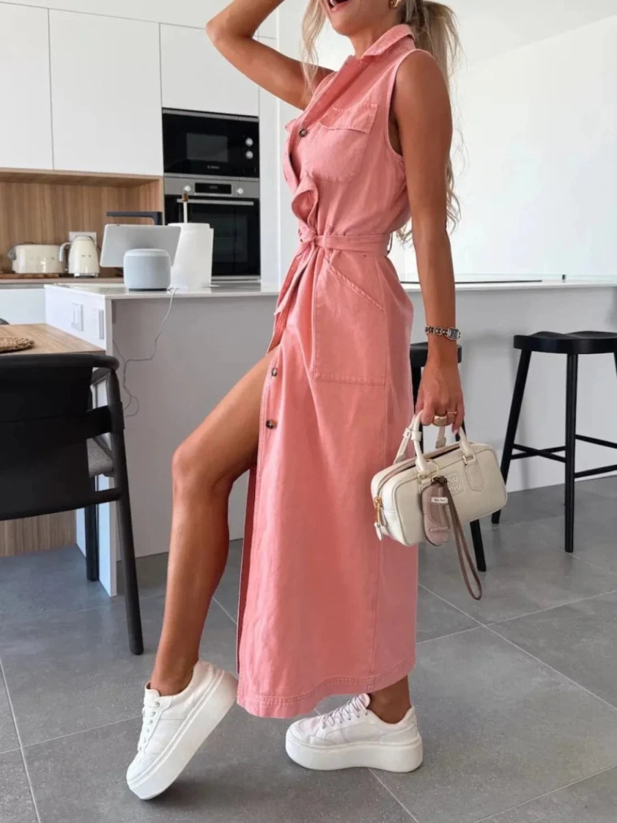 Button Front Sleeveless Denim Dress - Wow Store
