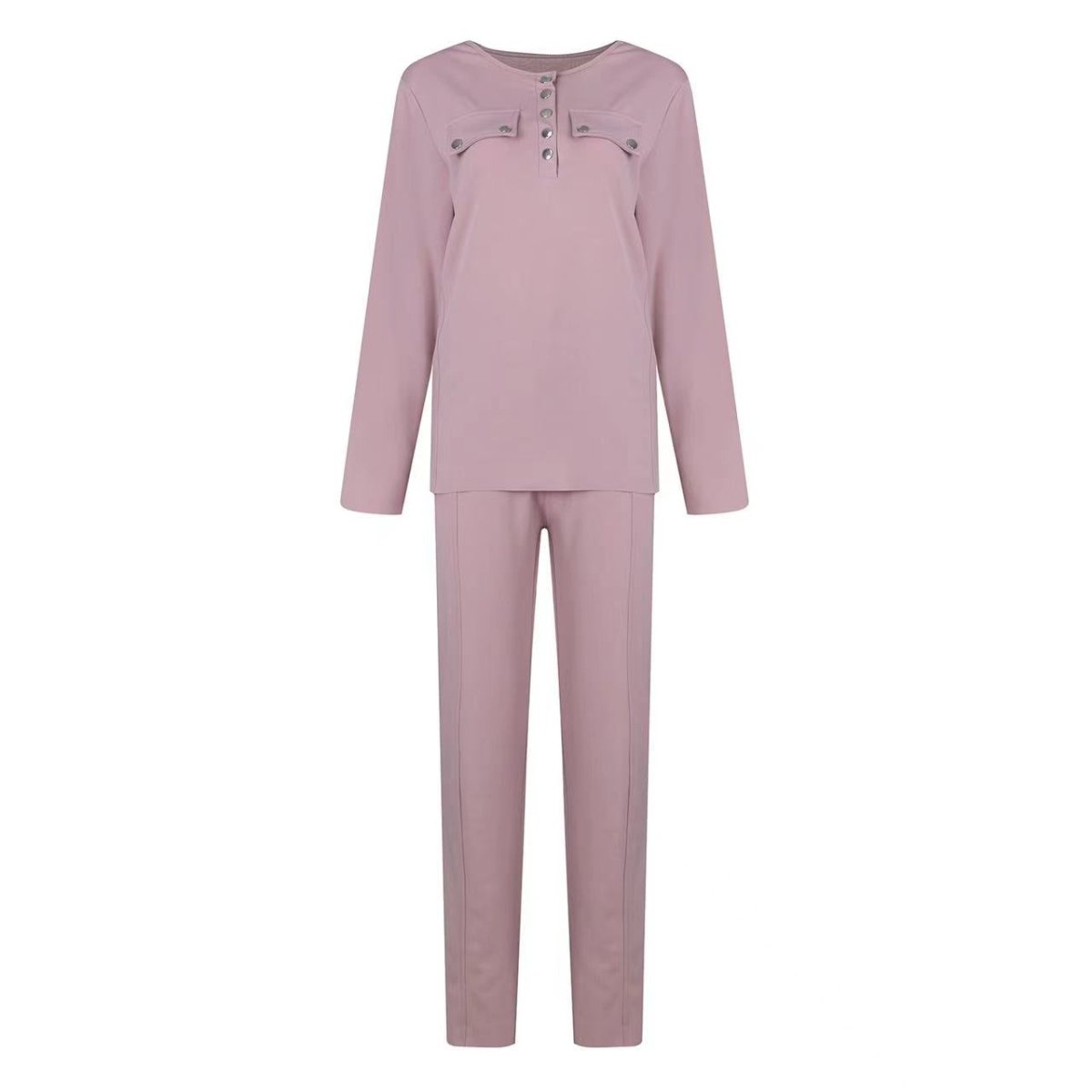 Button-placket sweatshirt and drawstring trouser set in dusty pink, front view