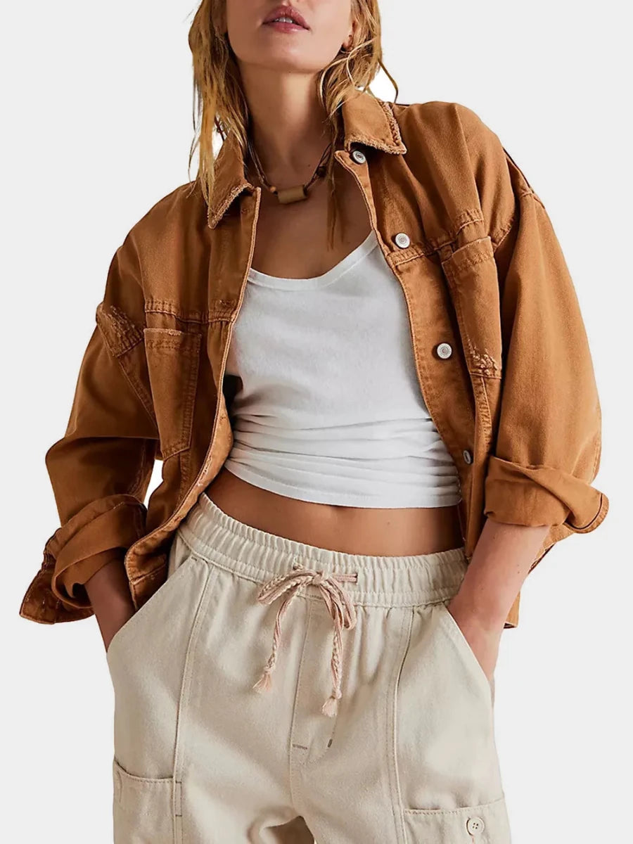 Button-up denim jacket with drop shoulder design and functional pockets, soft cotton-polyester blend fabric