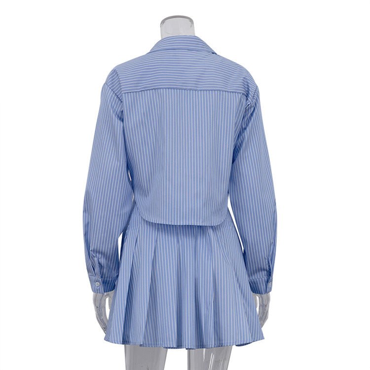 Back view of the blue and white striped cropped shirt and pleated mini skirt set