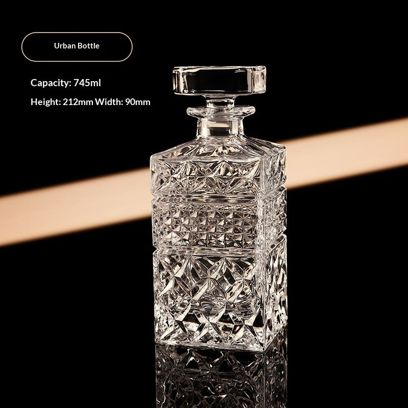 Urban bottle, cut glass spirits decanter with stopper, front view, clear, diamond pattern, black background