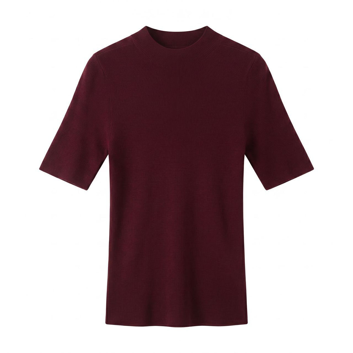 Seamless Half-Turtleneck Knit Top, Short Sleeve in wine red
