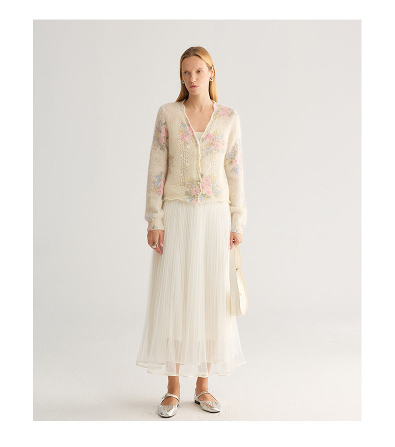 Floral Jacquard V-Neck Cardigan with Pearl-Look Buttons — view 2