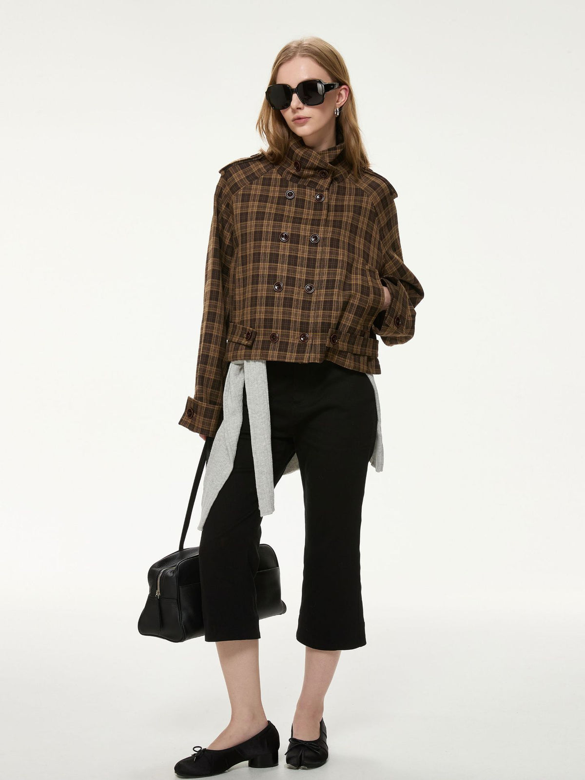 Cropped Check Jacket with Stand Collar and Double Buttons