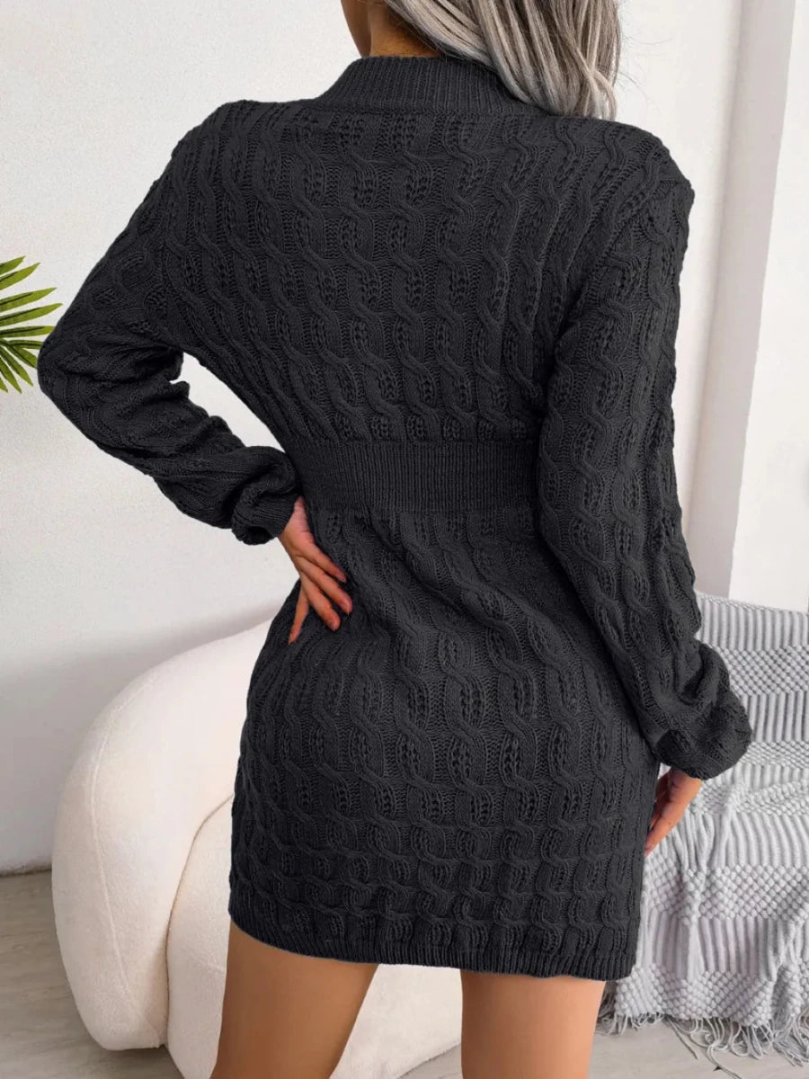Cable - Knit Round Neck Mini Wrap Sweater Dress - Wow Store