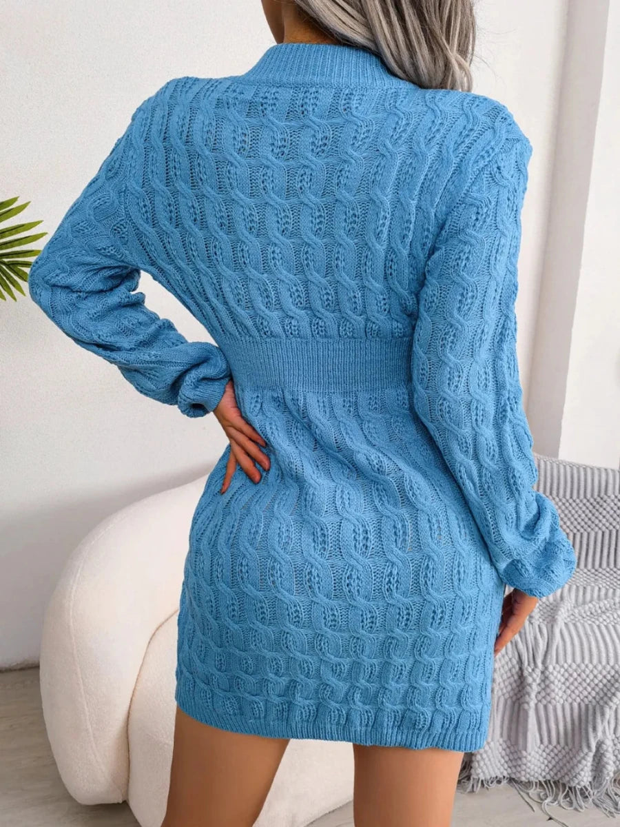 Cable - Knit Round Neck Mini Wrap Sweater Dress - Wow Store