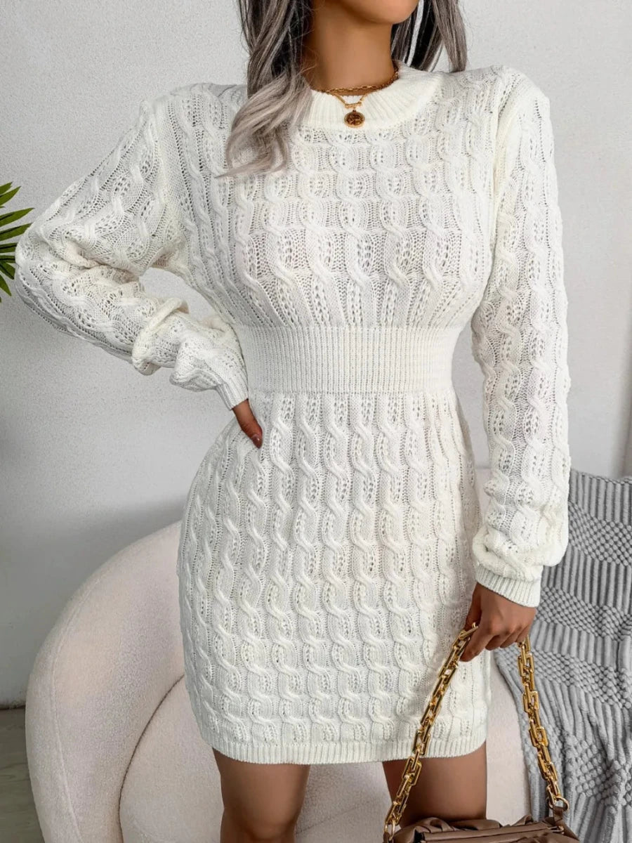Cable - Knit Round Neck Mini Wrap Sweater Dress - Wow Store